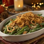 Green bean casserole topped with crispy onions and herbs.