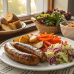 Plated sausage and potatoes with colorful side dishes.