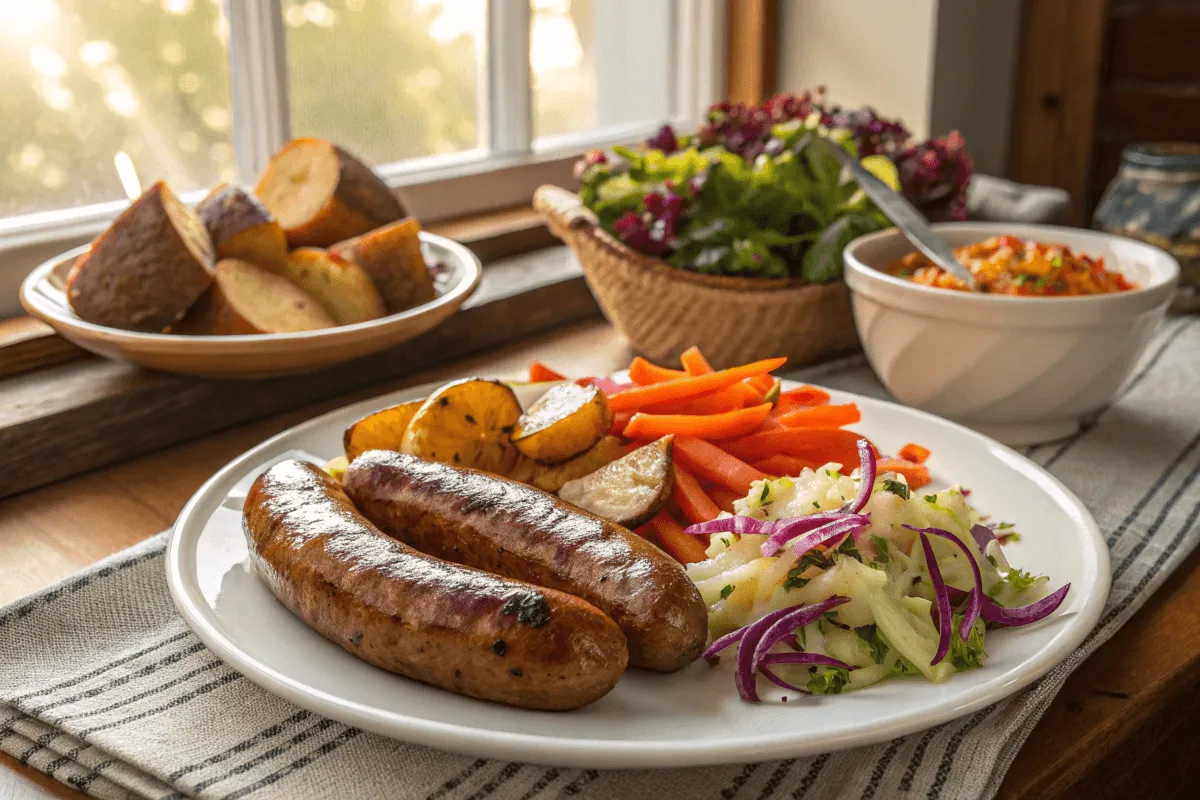 Plated sausage and potatoes with colorful side dishes.