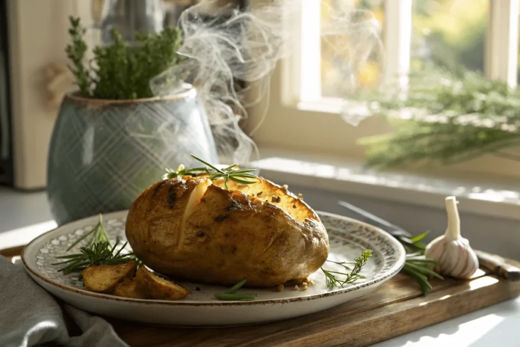 Crispy baked potato with steam rising, demonstrating how to speed up the baking time of potatoes