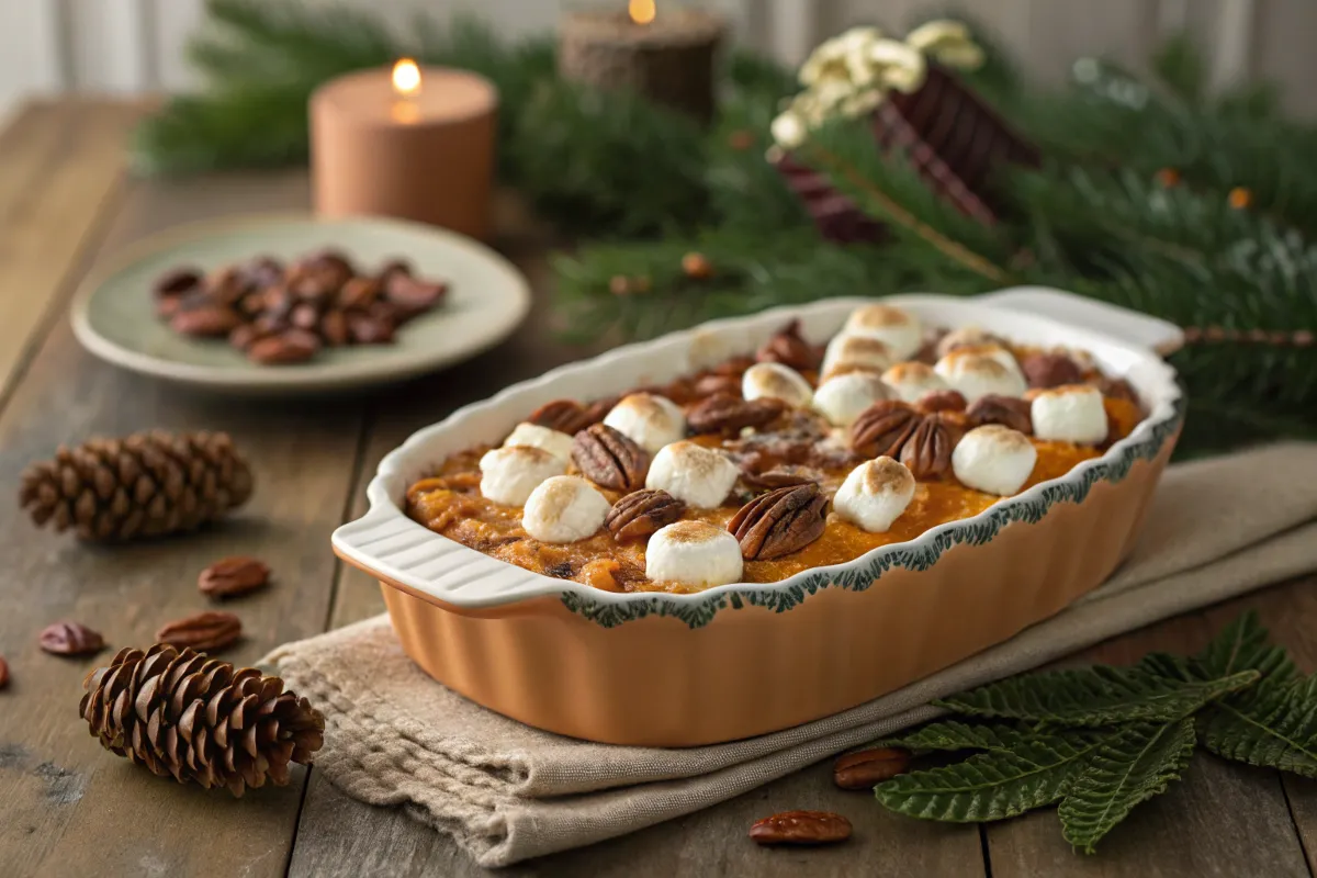 Sweet potato casserole topped with pecans and marshmallows in a festive setting.