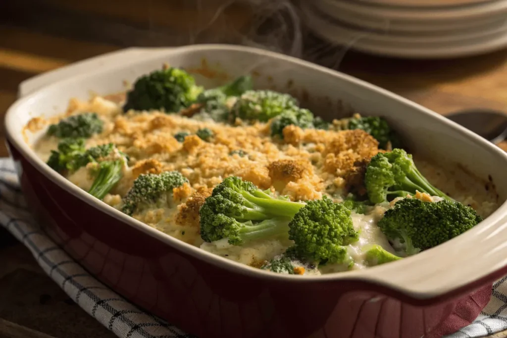 A casserole with fresh broccoli, creamy sauce, and golden topping.