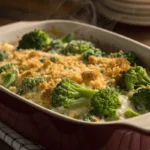 A casserole with fresh broccoli, creamy sauce, and golden topping.