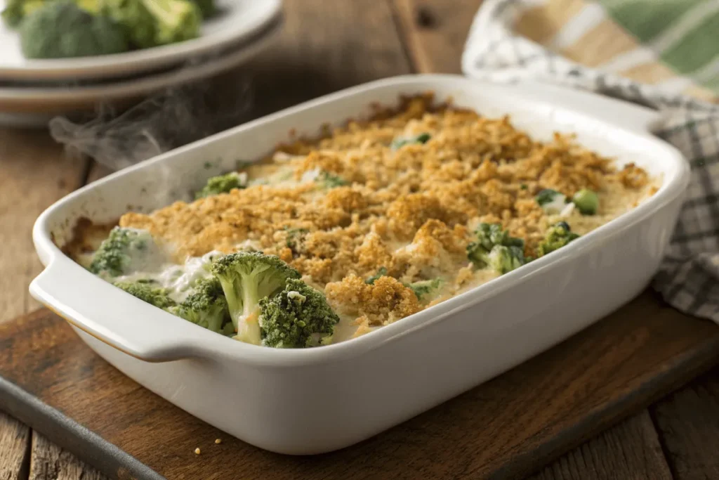 Creamy broccoli casserole with crispy breadcrumb topping.