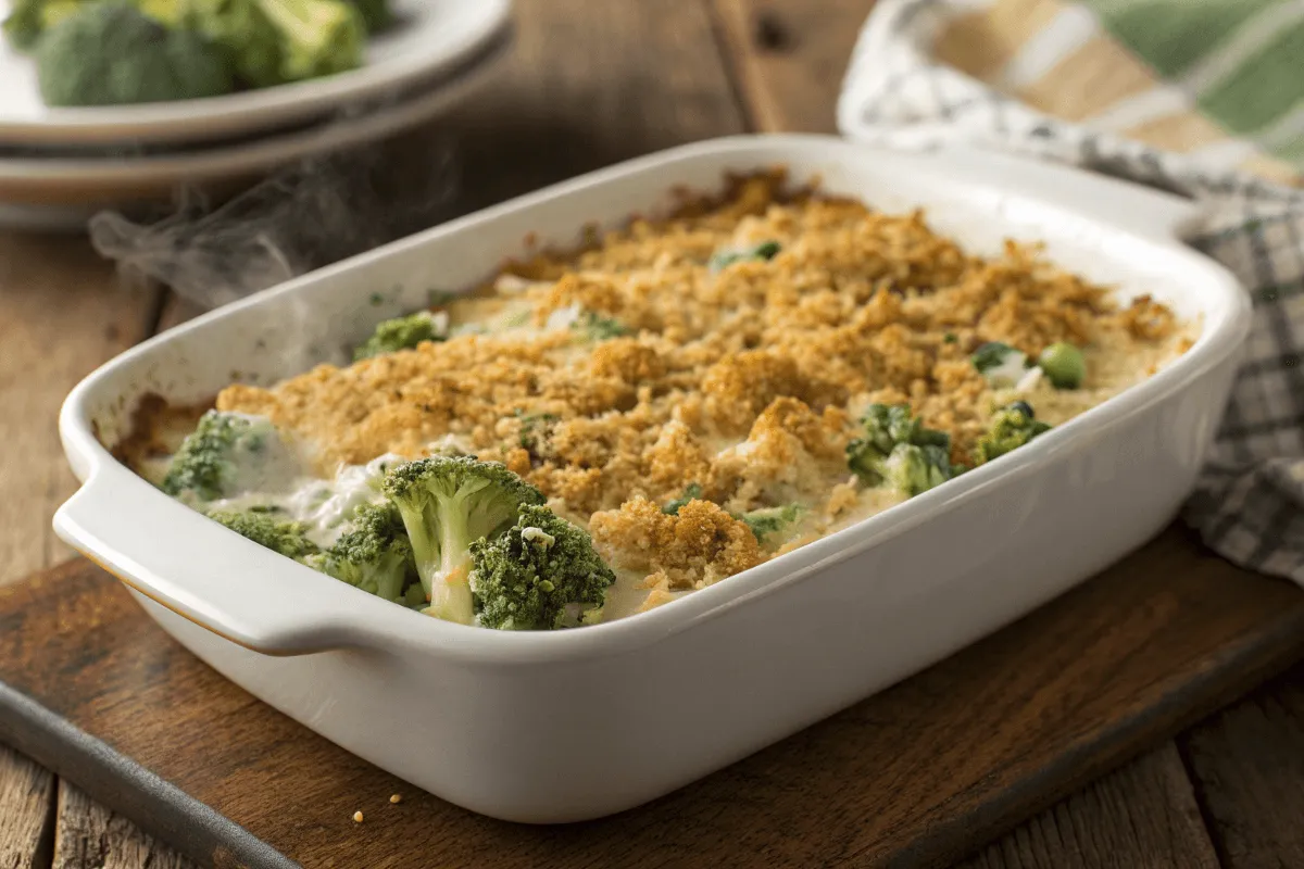 Creamy broccoli casserole with crispy breadcrumb topping.