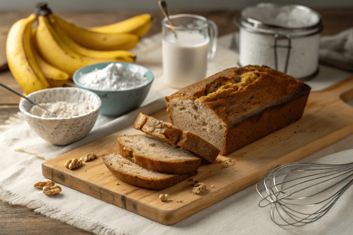 Freshly baked banana bread with bananas and baking tools on a wooden board