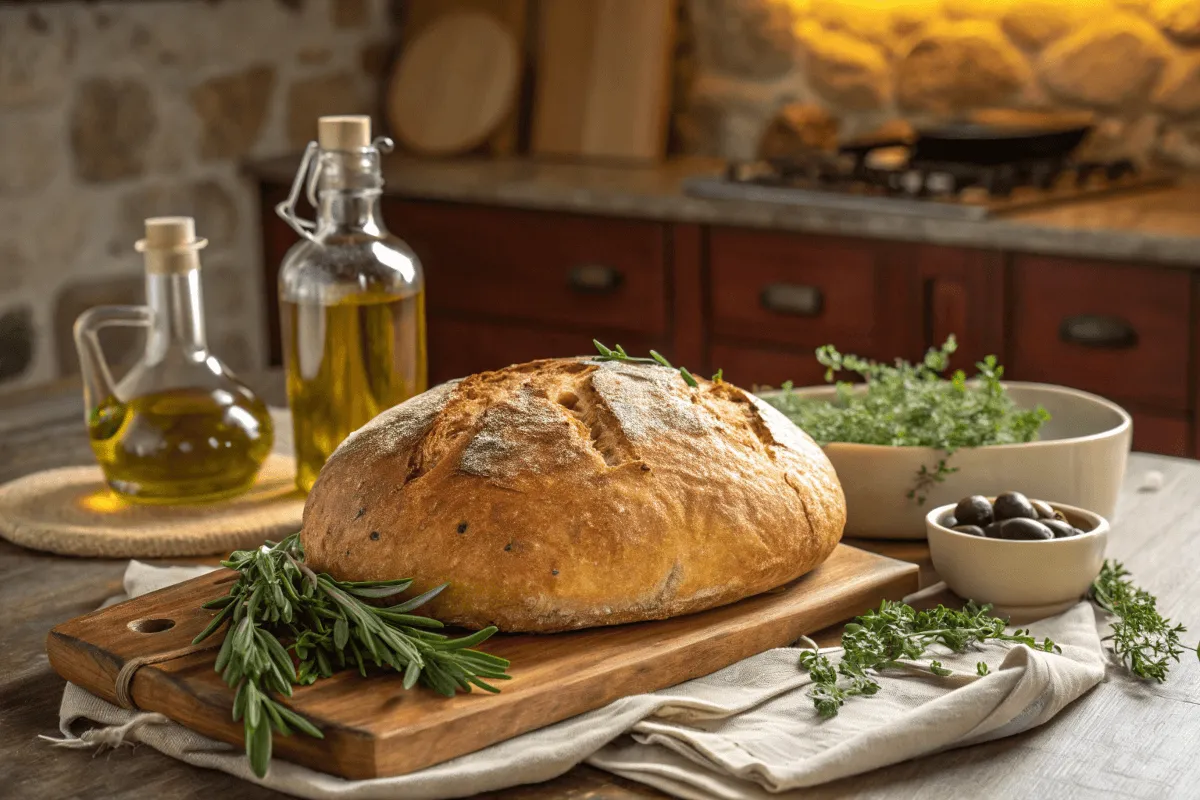 Golden-brown artisan Italian bread loaf on a wooden cutting board