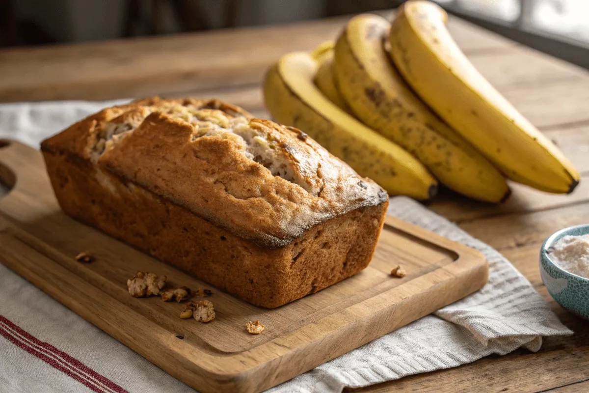 Freshly baked 4-ingredient banana bread on a wooden board with bananas and a whisk