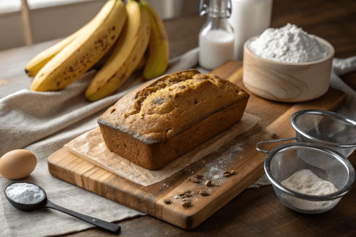 Should I use baking soda or baking powder for banana bread? A loaf of banana bread with overripe bananas and leavening agents