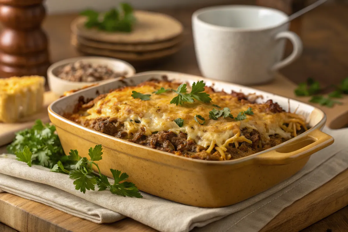 Golden casserole dish with cheesy hamburger and hash brown layers