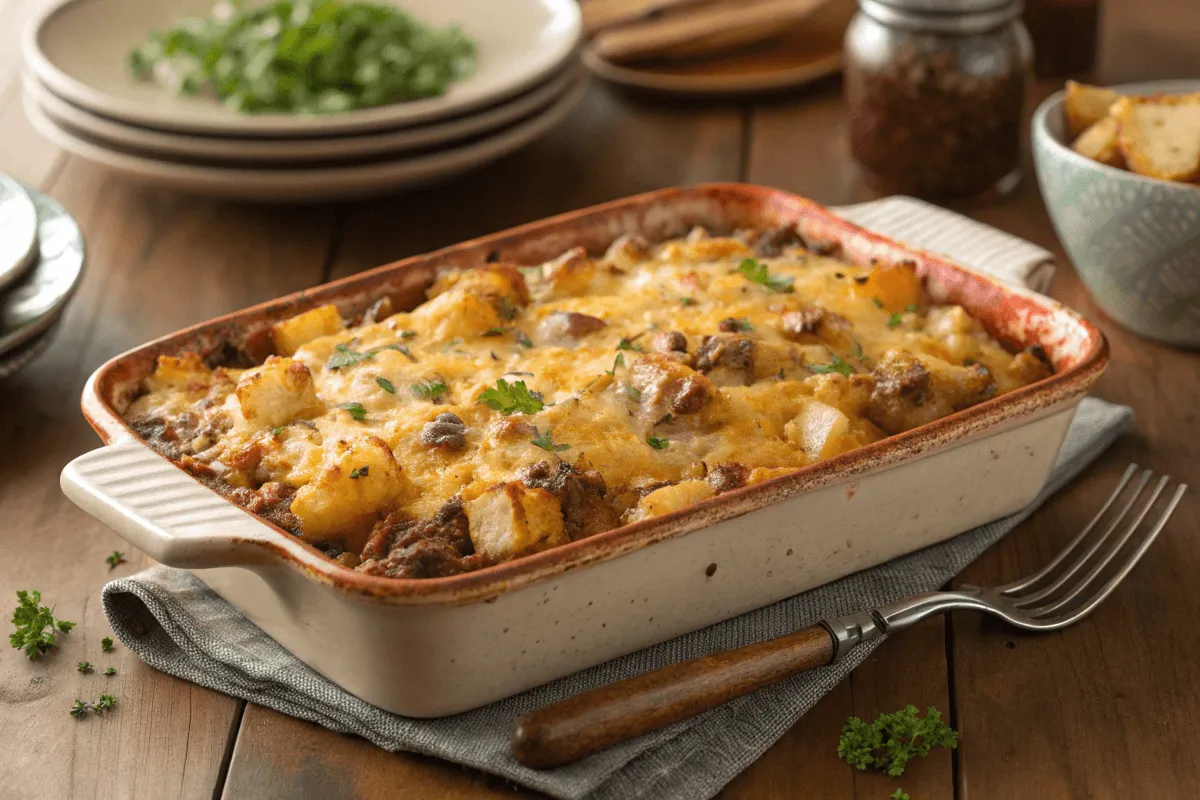 Golden hamburger casserole with hash brown potatoes served in a rustic dish.