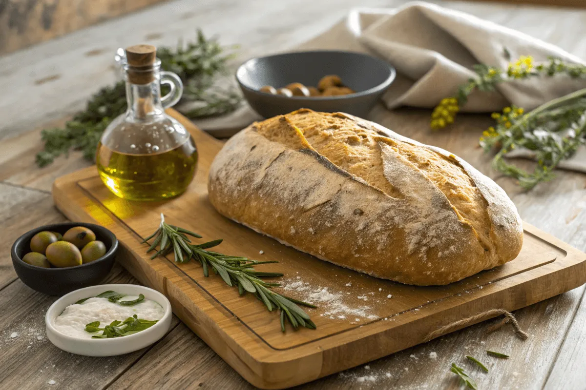 Rustic artisan Italian bread with golden crust on a wooden board