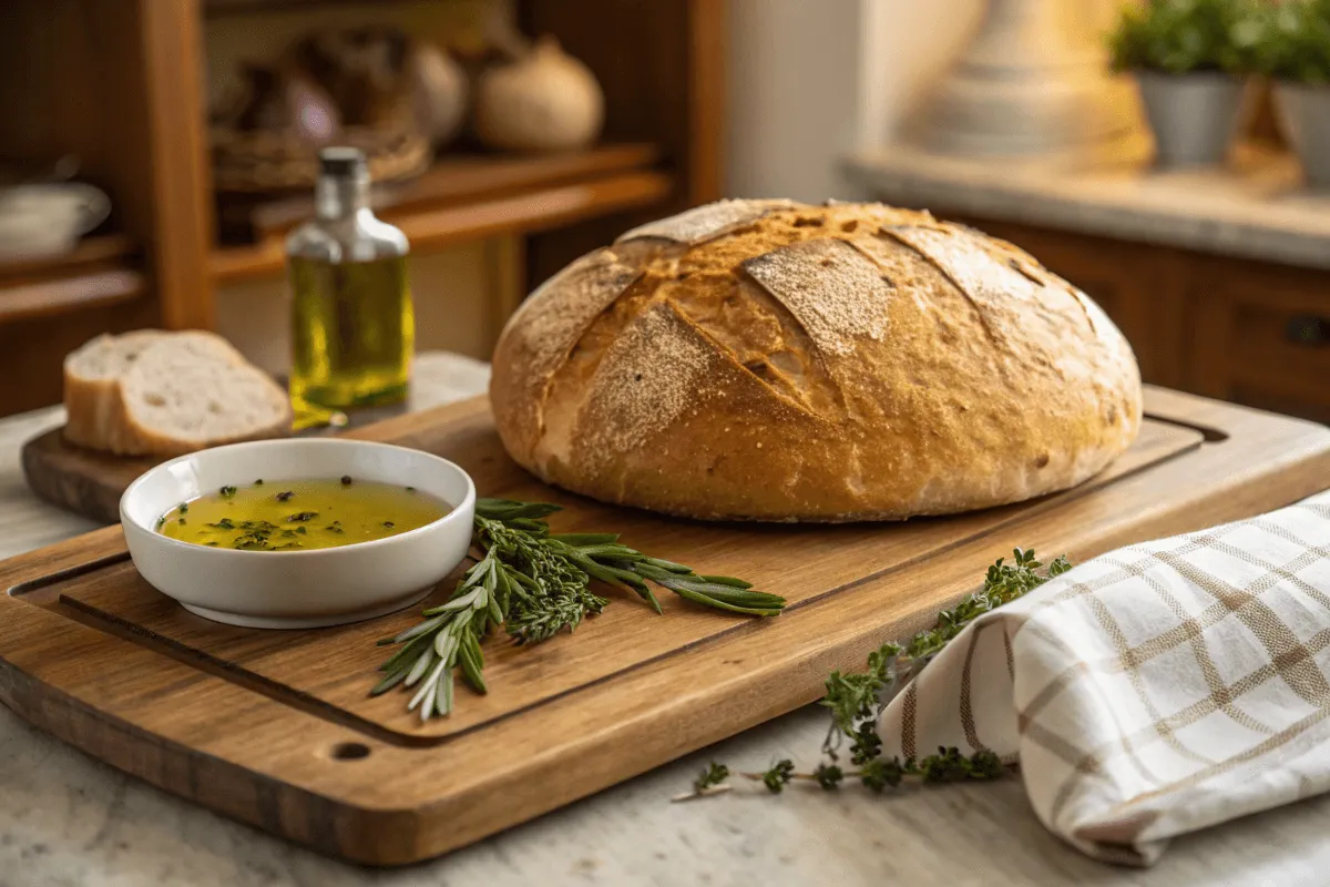 Rustic artisan Italian bread on a wooden cutting board