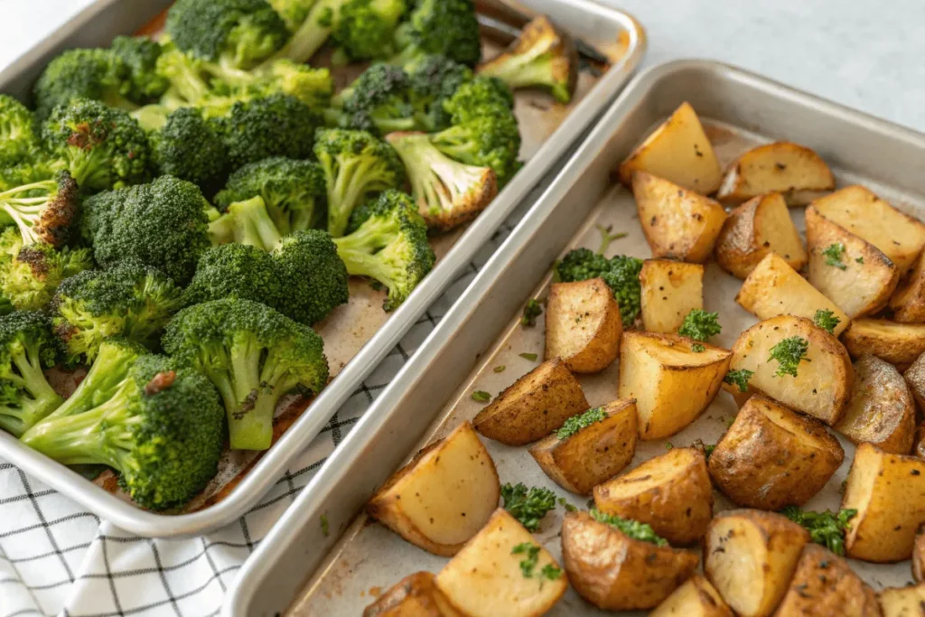 Roasted broccoli and potatoes side by side, perfectly cooked.