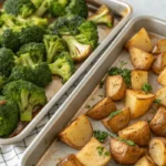 Roasted broccoli and potatoes side by side, perfectly cooked.