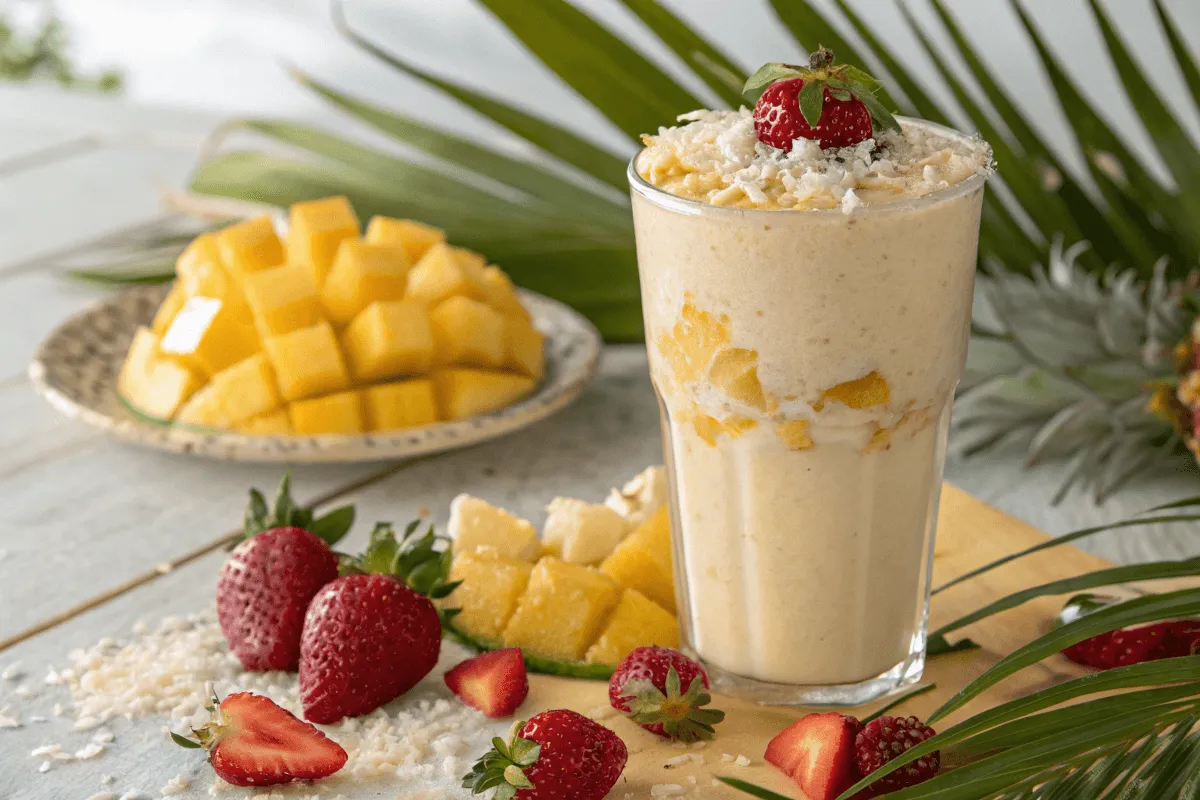 Bahama Mama Tropical Smoothie in a tall glass with tropical fruits