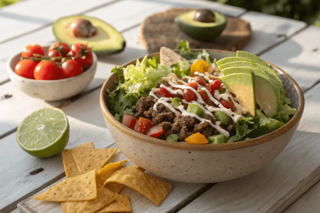 Vibrant taco salad with fresh toppings.