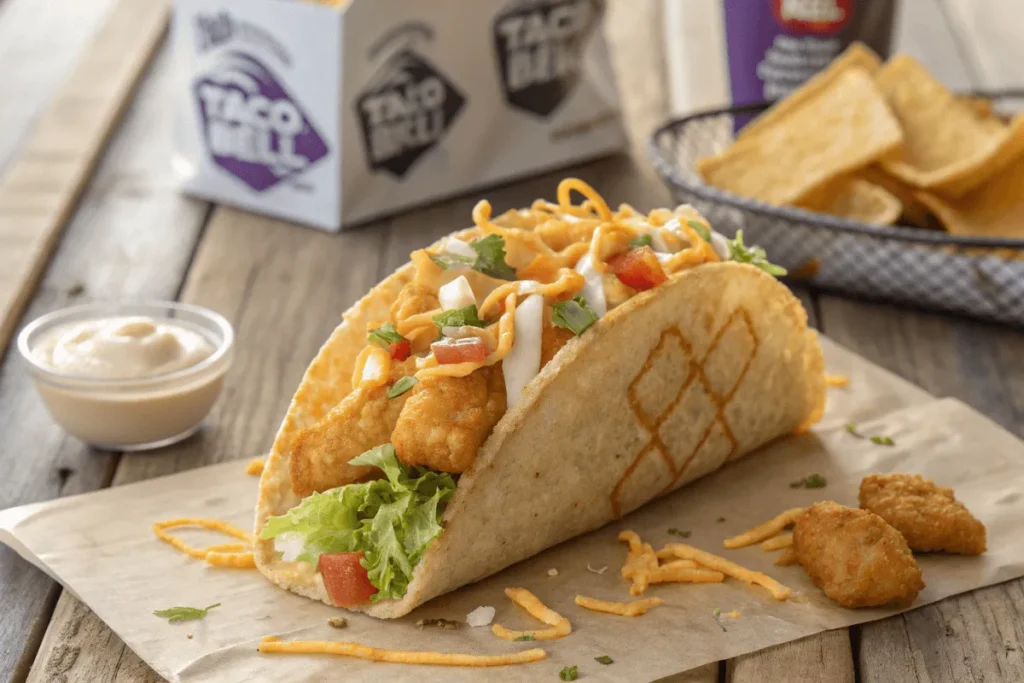 A close-up of a crispy Taco Bell potato taco with vibrant toppings.