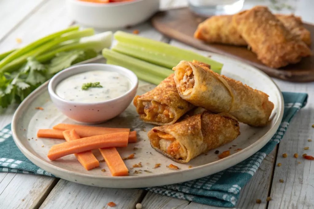 Buffalo egg rolls served with celery, carrots, and ranch dip