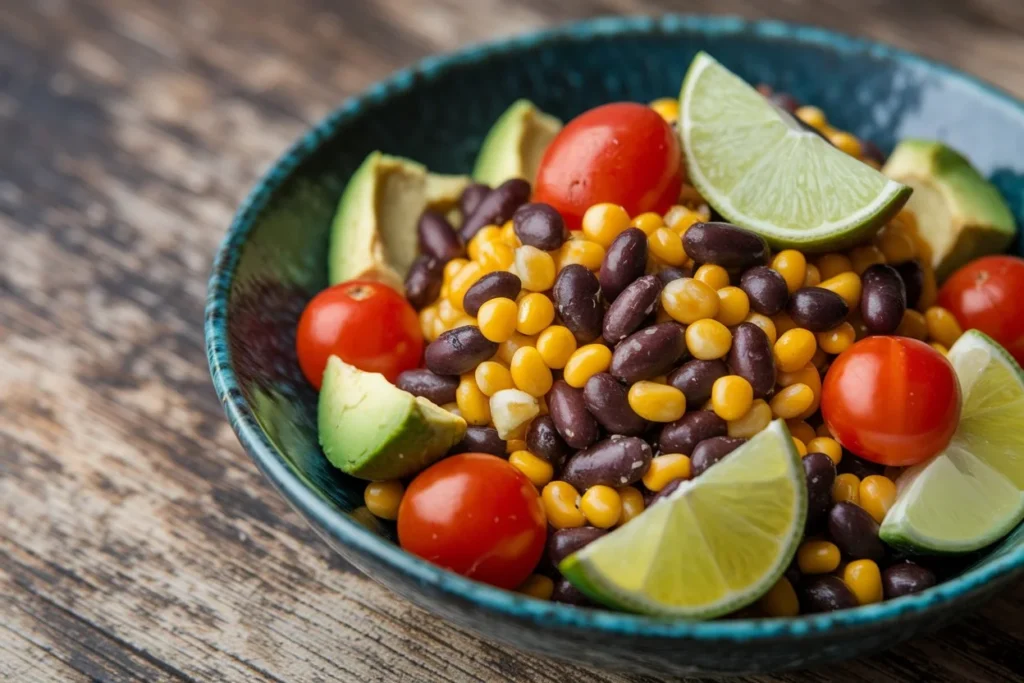 Southwest black bean and avocado salad in a rustic bowl.