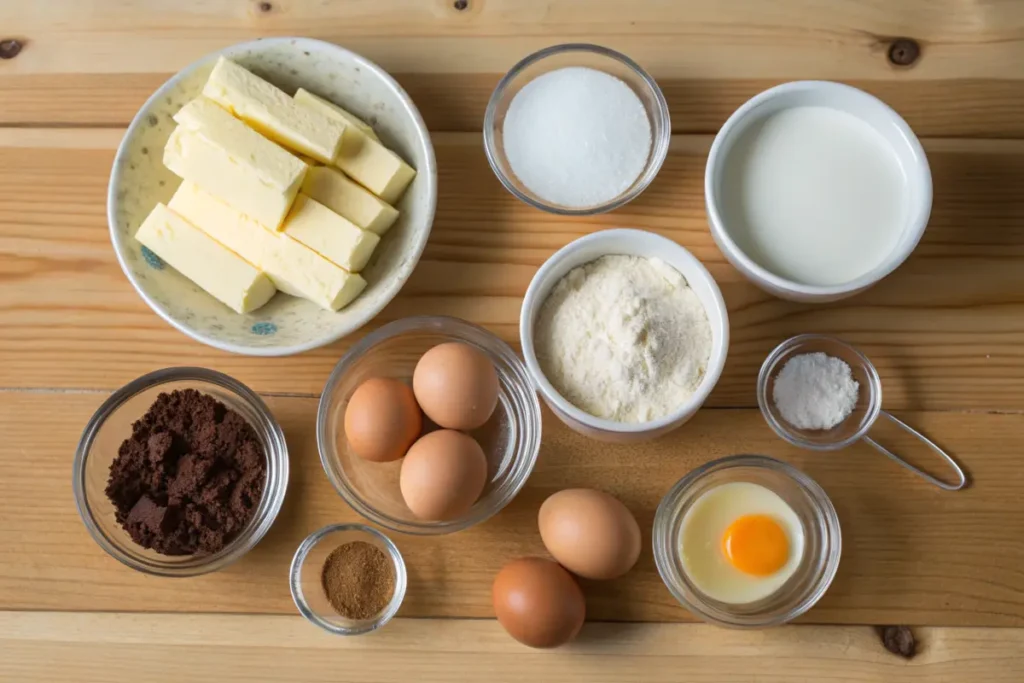 Ingredients for making a Mary Jane cake arranged on a wooden surface.