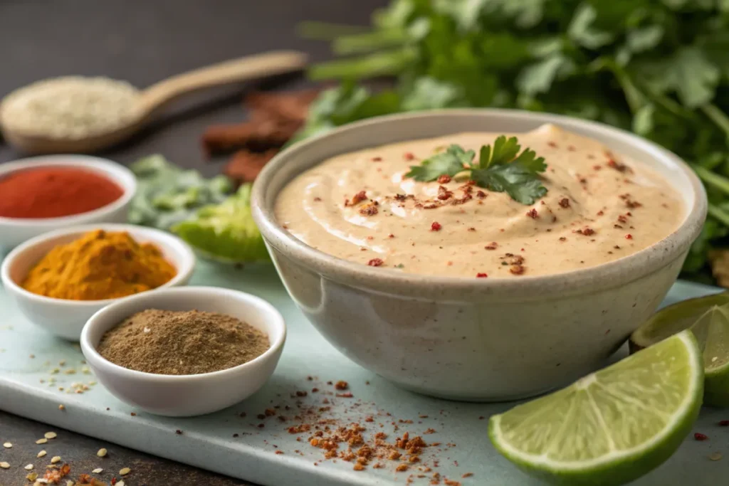 Taco salad dressing in a bowl with spices and herbs