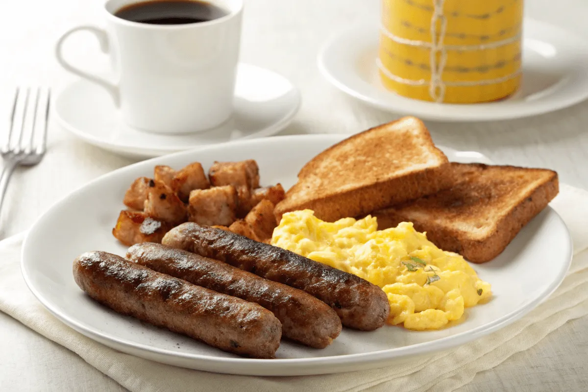 breakfast plate featuring different sausage brands like Jimmy Dean and Johnsonville.