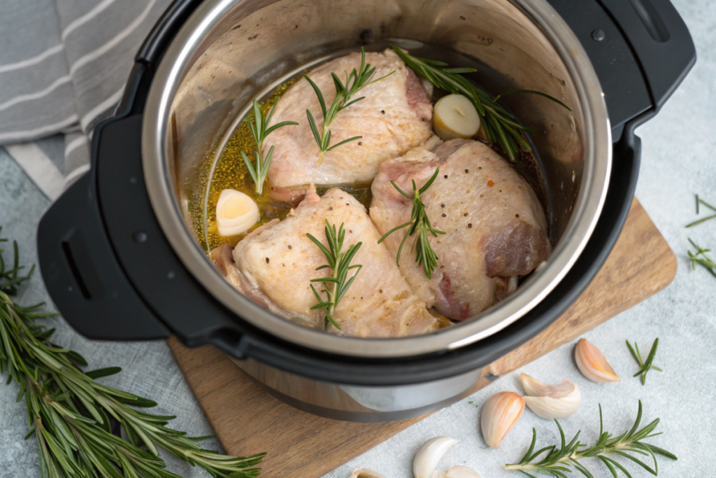 Chicken thighs on a trivet in an Instant Pot with minimal liquid.