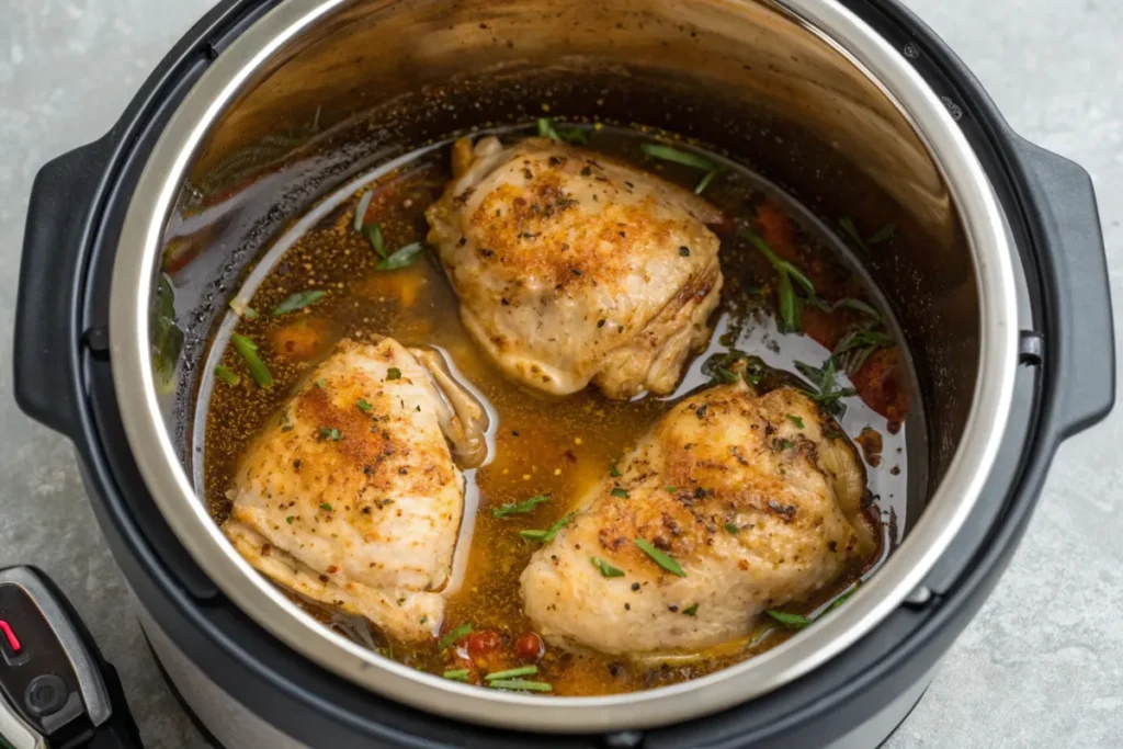 Pressure-cooked chicken thighs in a broth with herbs and spices.