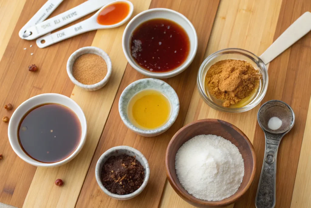 BBQ sauce ingredients with brown sugar substitutes like honey and maple syrup