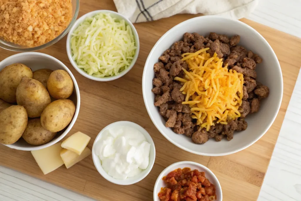 Ingredients for taco potato casserole on a wooden countertop.