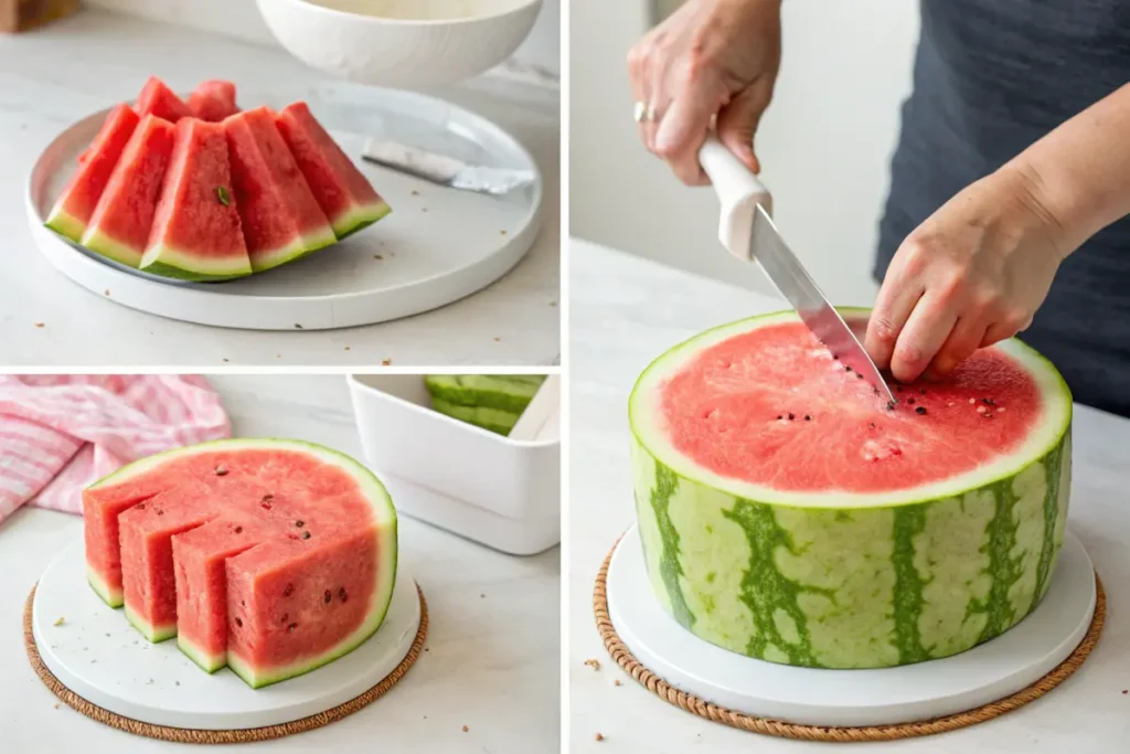 Step-by-step process of shaping a watermelon for cake