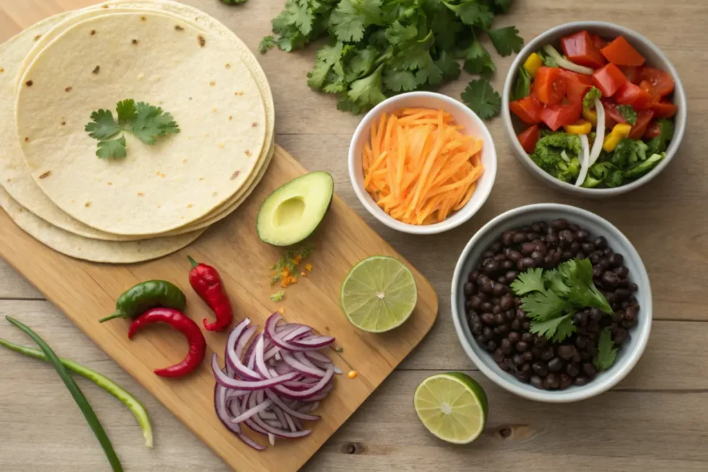 A colorful vegetarian taco with fresh ingredients on a rustic table