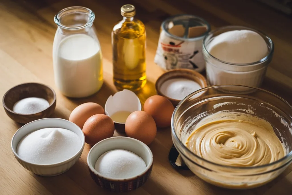 Baking ingredients including buttermilk, eggs, and sugar.