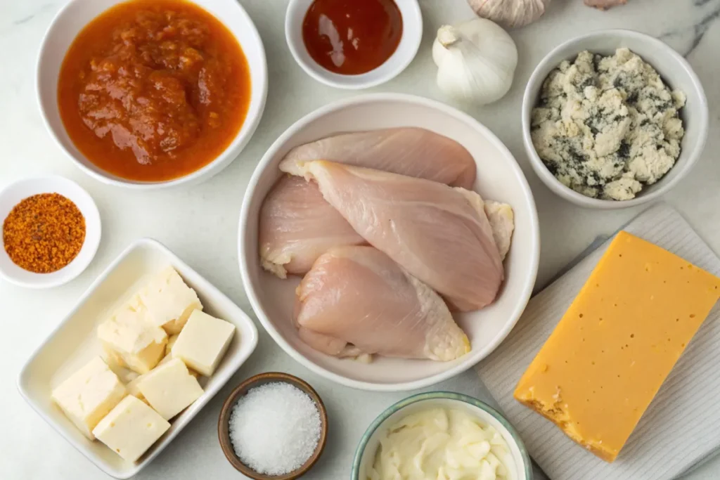 Flat-lay of ingredients for Instant Pot buffalo chicken on a countertop