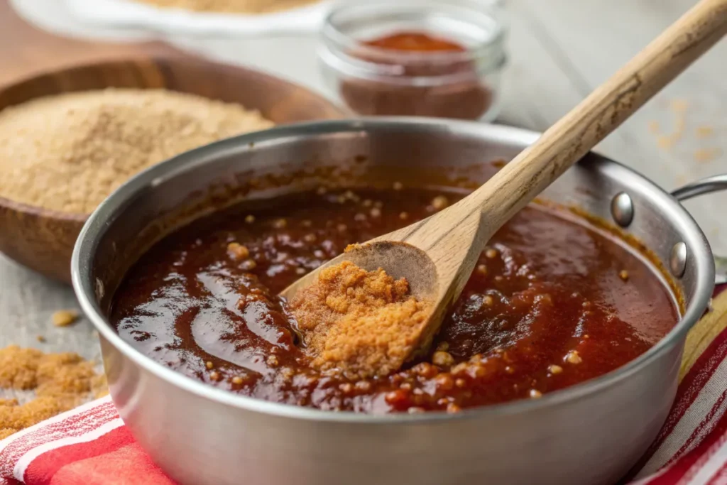 Brown sugar being stirred into simmering BBQ sauce