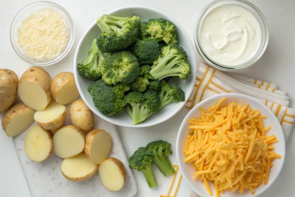 Ingredients for broccoli potato casserole on a wooden table.