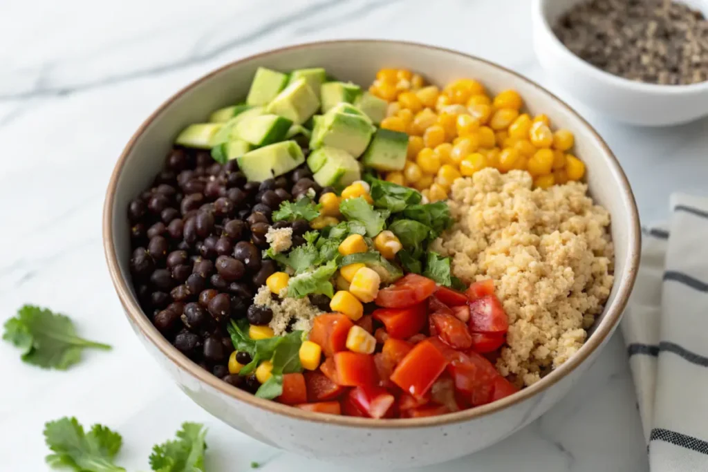 Are taco salads healthy? A vegetarian taco salad with black beans and quinoa
Title: Hearty Vegetarian Taco Salad