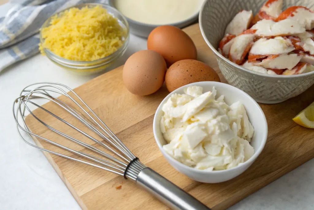 Ingredients for crab brulee recipe: fresh crab, eggs, cream