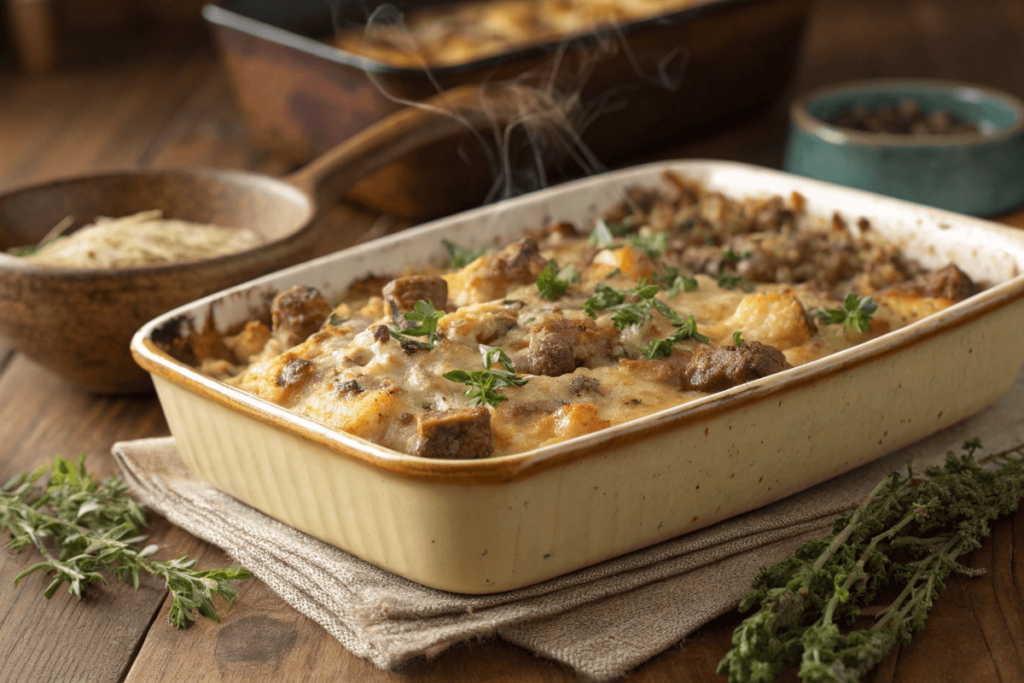 Sausage and hash brown casserole with melted cheese.