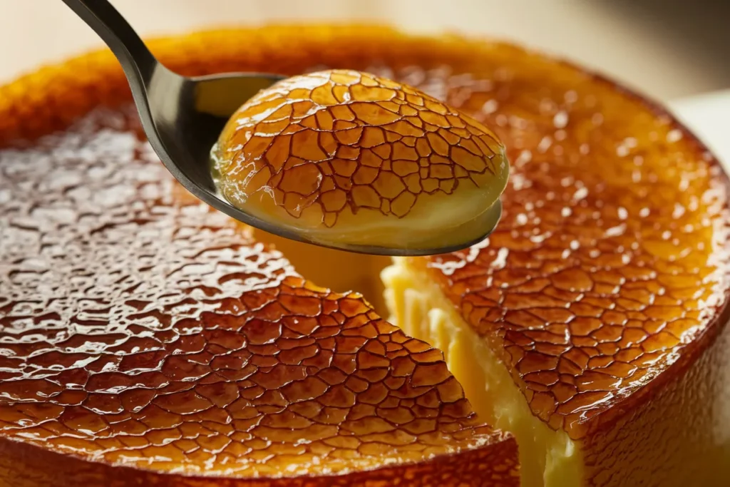 Spoon cracking the caramelized sugar on crème brûlée