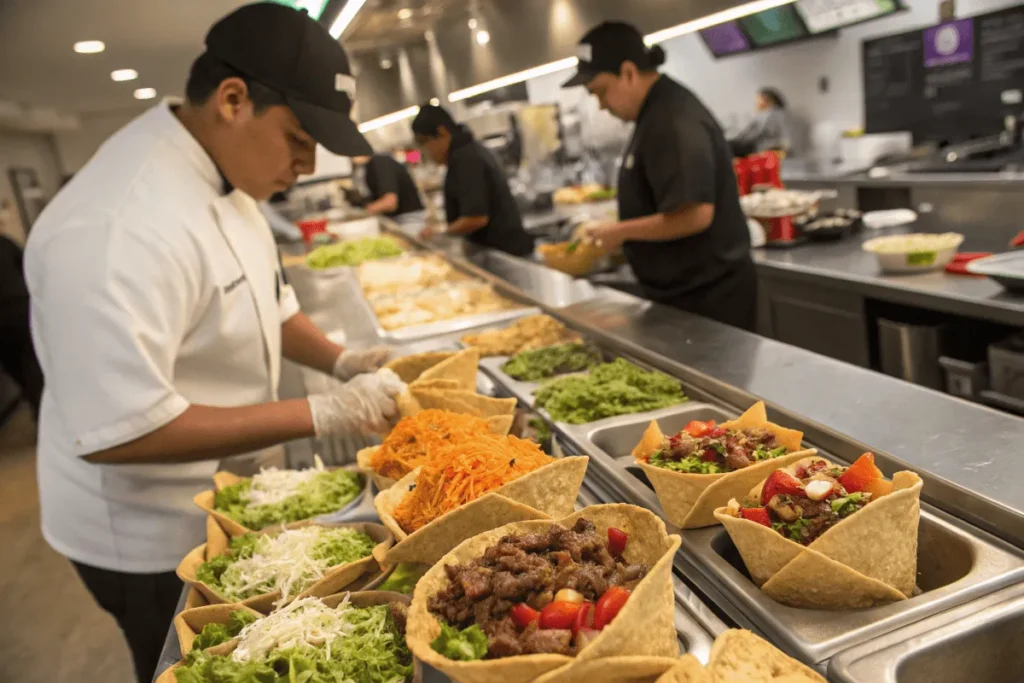 Chefs preparing taco salads in Taco Bell’s kitchen.