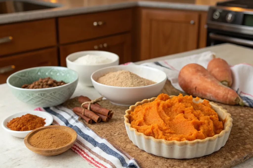  Ingredients for Patti LaBelle’s sweet potato pie including sweet potatoes, cinnamon, nutmeg, and sugar.