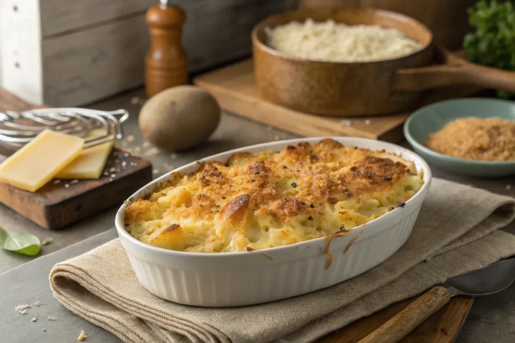 Freshly baked potatoes au gratin with a golden crust.