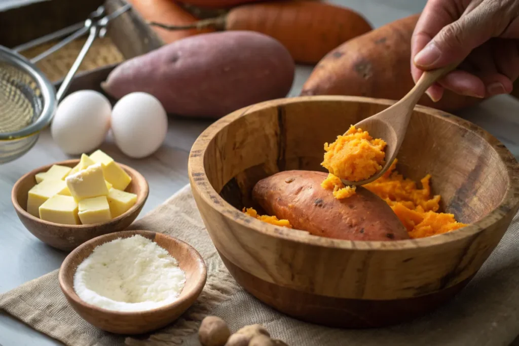 Mashing sweet potatoes for casserole filling.