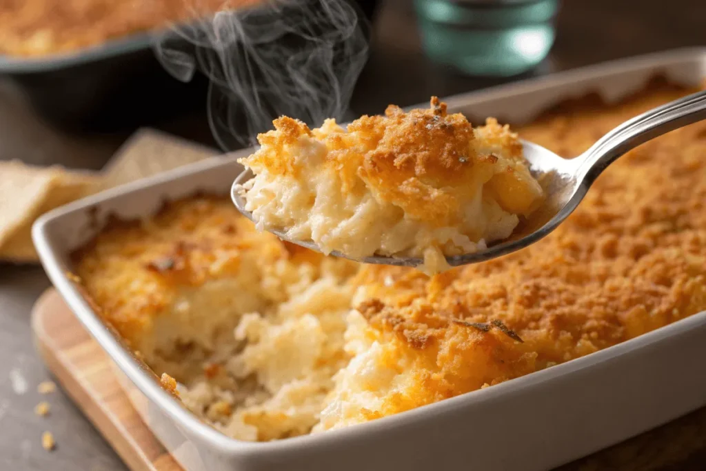  A spoonful of cheesy funeral potatoes showing why funeral potatoes are called that