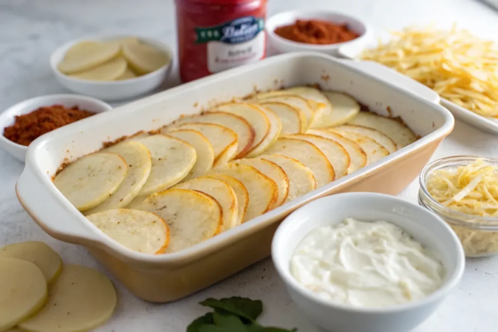 Layering thinly sliced potatoes in a dish for a quick potato bake recipe.