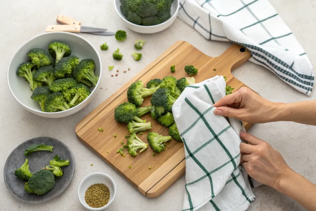 Drying blanched broccoli for casserole preparation