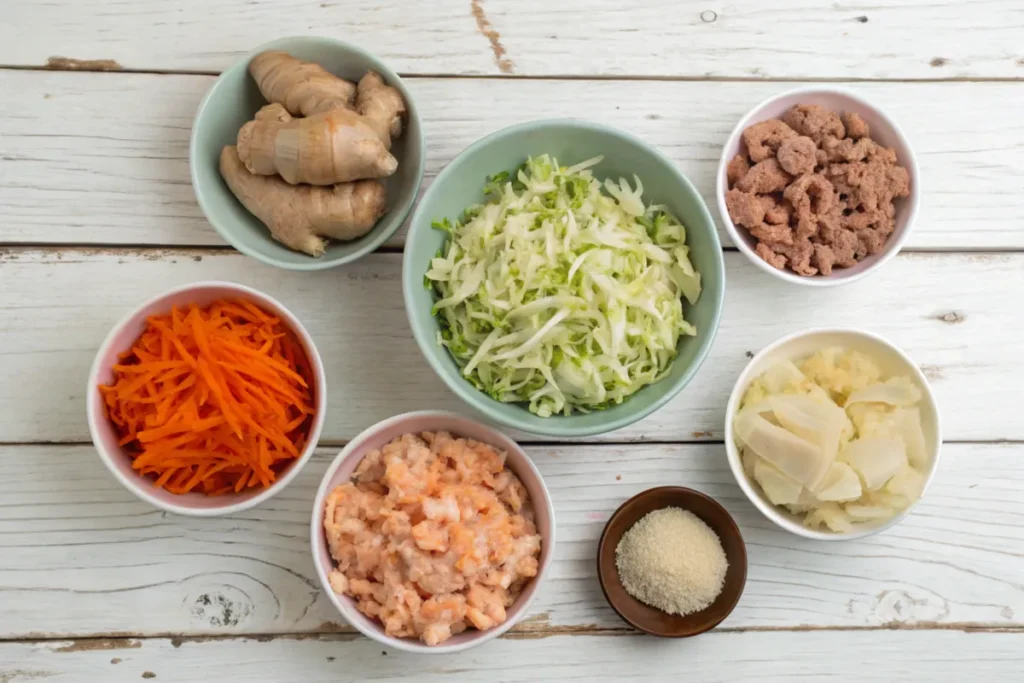 Ingredients in Costco chicken egg rolls neatly arranged in bowls