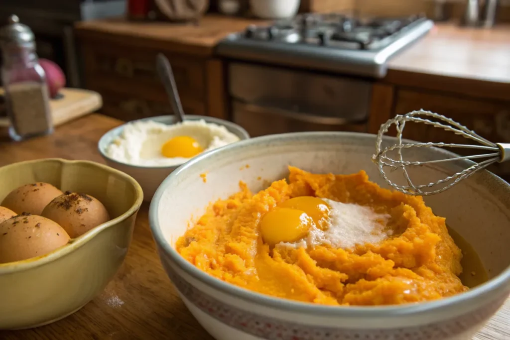 Mixing sweet potatoes with eggs